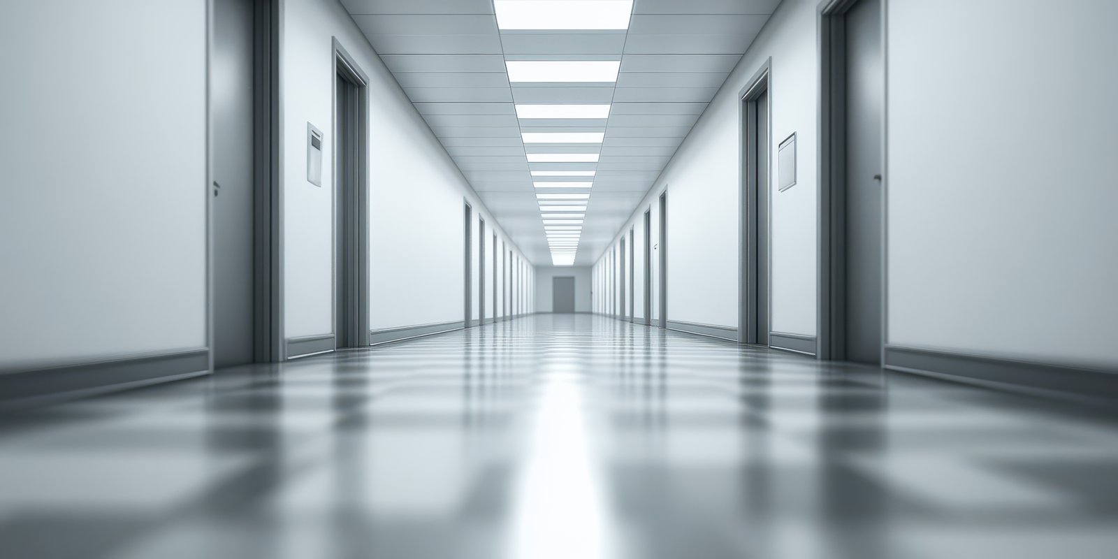 Long empty corridor in a modern building with reflective floor and fluorescent lights